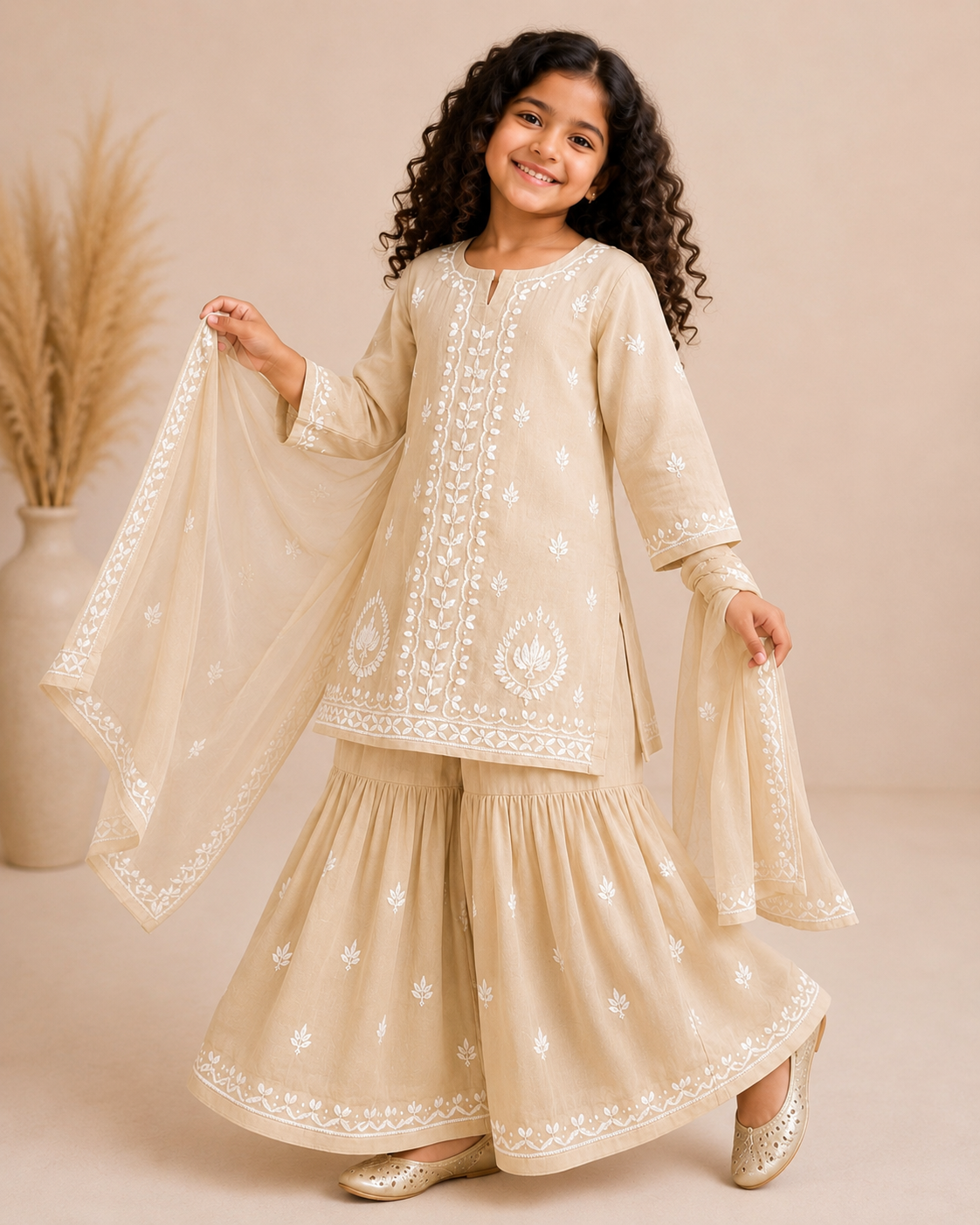 Girls Beigr Chikankari Georgette 4-Piece Sharara Set