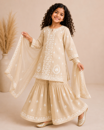 Girls Beigr Chikankari Georgette 4-Piece Sharara Set