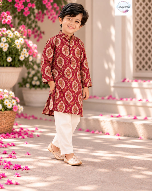 Raspberry Maroon Boys Pure Cotton Printed Kurta Pajama | Sibling Matching Outfit