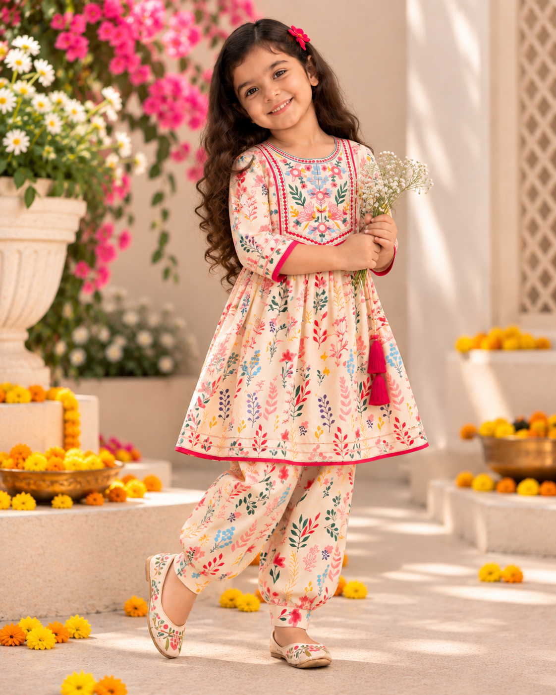 Girls Pure Cotton Floral Ethnic Set | Matching Sibling Combo
