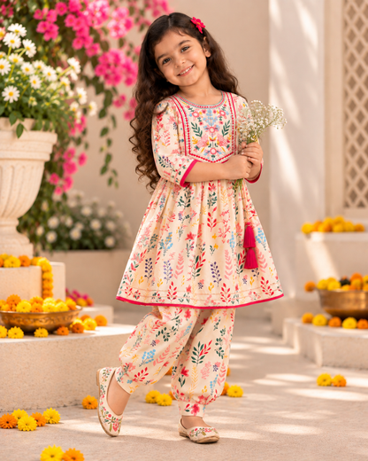 Girls Pure Cotton Floral Ethnic Set | Matching Sibling Combo