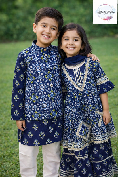 Blue patola jacket kurta pajama set, boy kurta pajama