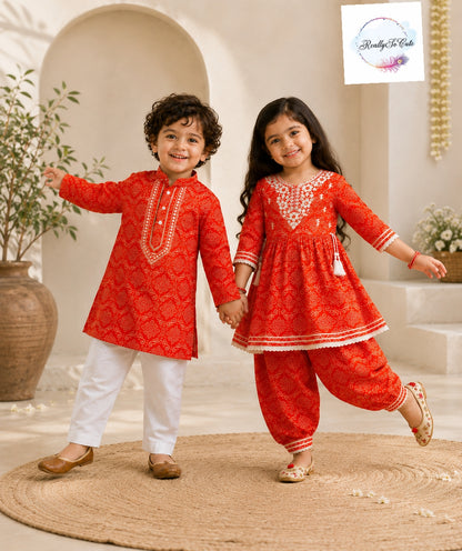 Rust Pure Cotton Mirror Work Kurta Pajama Set for Boys