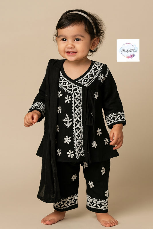 Black Little Girls Chikankari Kurtis pant Set, Girls Modal Chikankari Dress