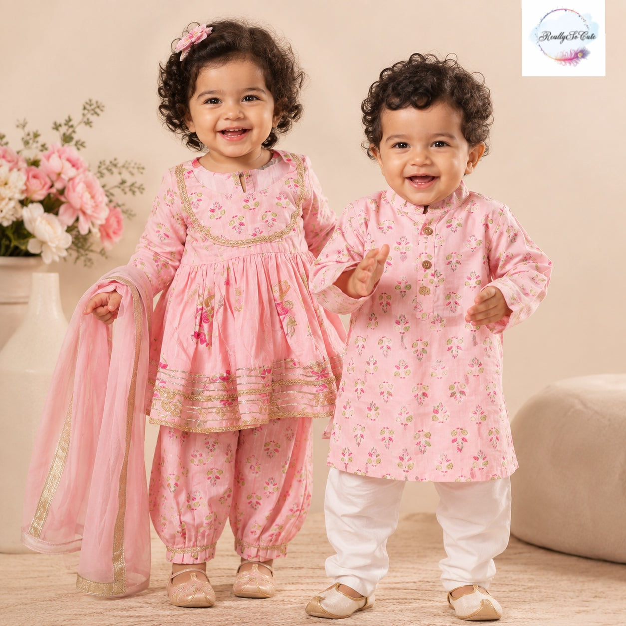 Blush Pink Floral Pure Cotton Girls Kurti Dhoti Set with Dupatta
