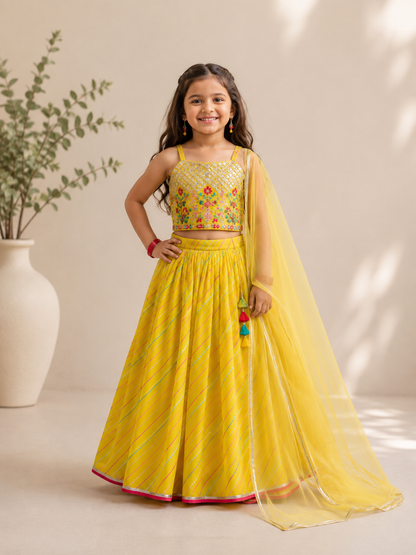 Sunshine Yellow Mirror Work Lehenga Choli Set for Girls