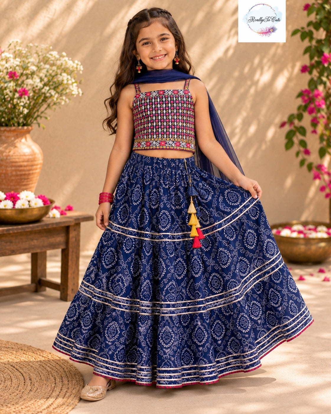 Navy Blue Mirror Work Cotton Lehenga Choli for Girls | Sibling Combo Available