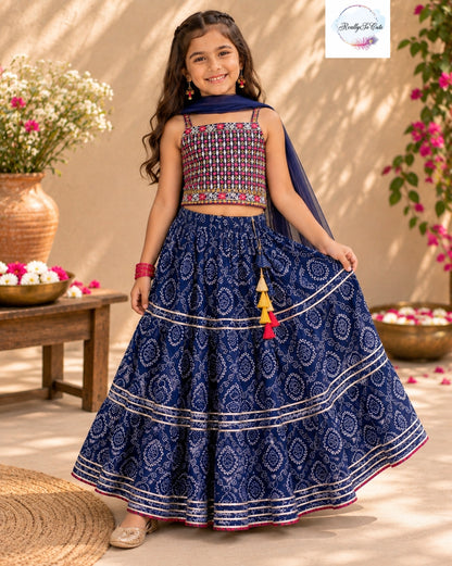 Navy Blue Mirror Work Cotton Lehenga Choli for Girls | Sibling Combo Available