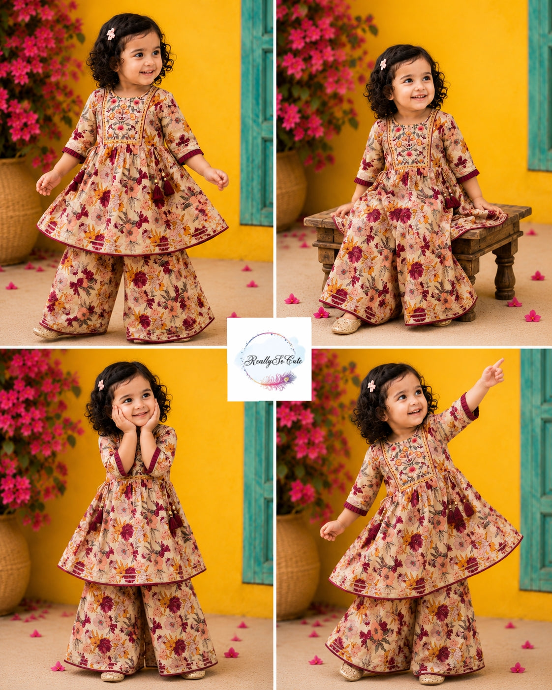 Beige Floral Cotton Sharara Set for Girls | Embroidered Ethnic Wear with Tassel Tie | Sizes 18M–10 Years