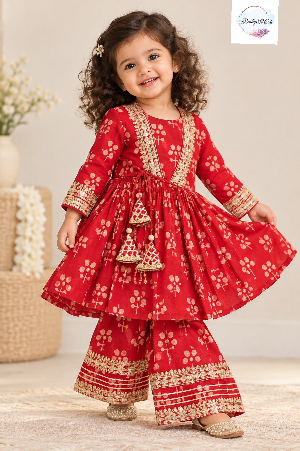 Red Floral Printed Girls 3-Piece Ethnic Sharara Set with Gold Embroidery