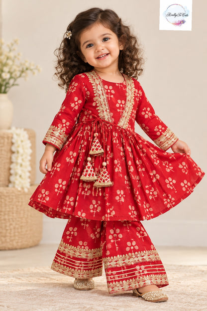 Red Floral Printed Girls 3-Piece Ethnic Sharara Set with Gold Embroidery