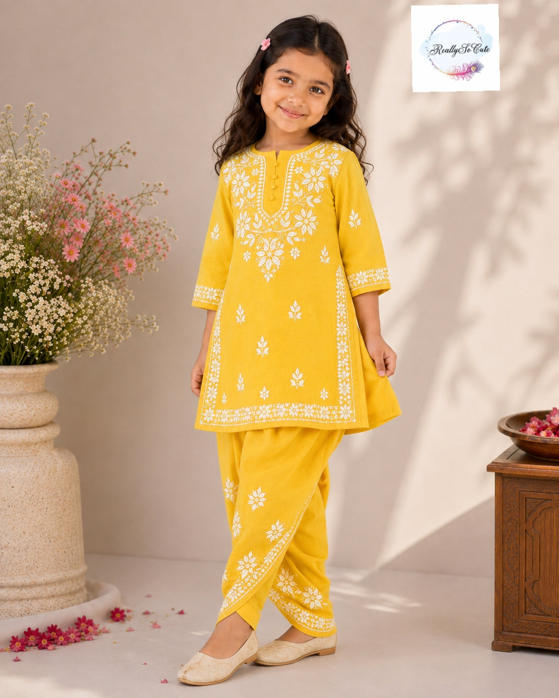 Yellow Handwork Chikankari Modal Cotton Dhoti Set for Girls
