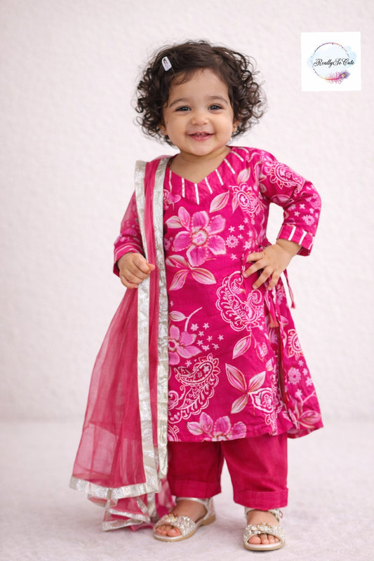 Floral Muslin Sharara Set for Girls | Soft & Breathable Ethnic Wear 3M–14Y, Hot pink kurti sharara set