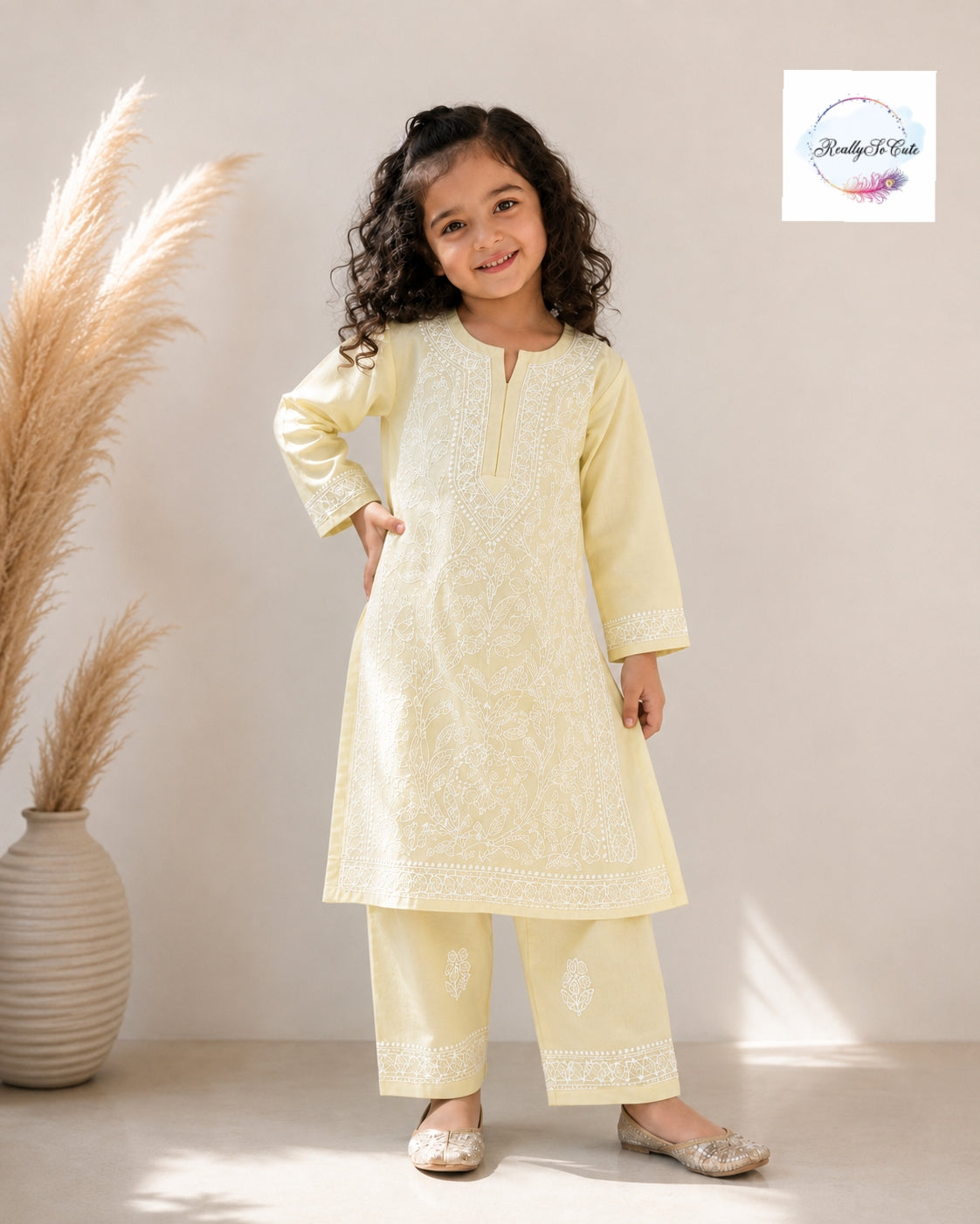 Yellow Chikankari Cotton Kurta Pant Set for Girls | Kids Ethnic Wear