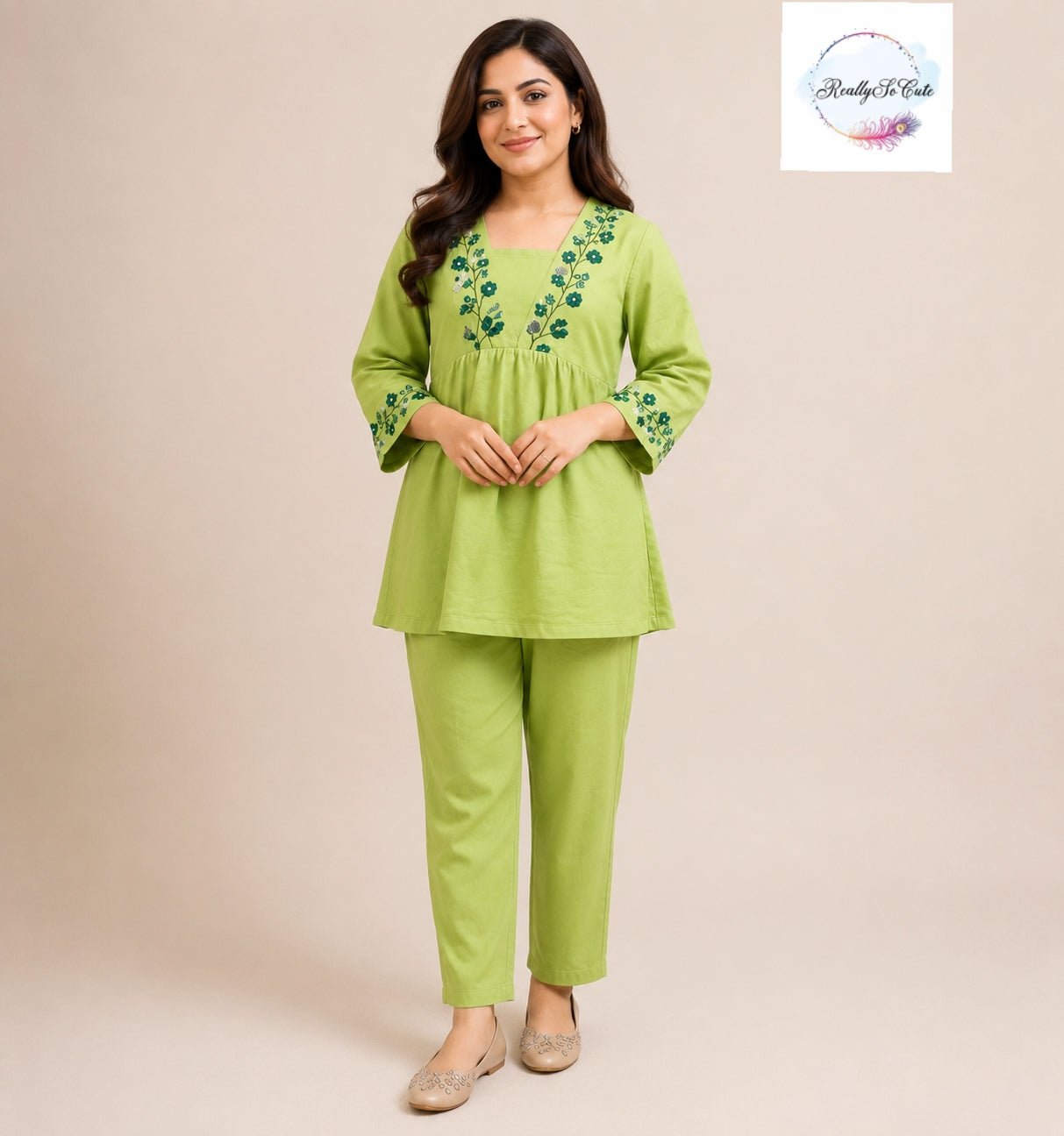 Lime Green Embroidered Cotton Mom Co-Ord Set with Pockets | Matching Mom & Daughter Outfit