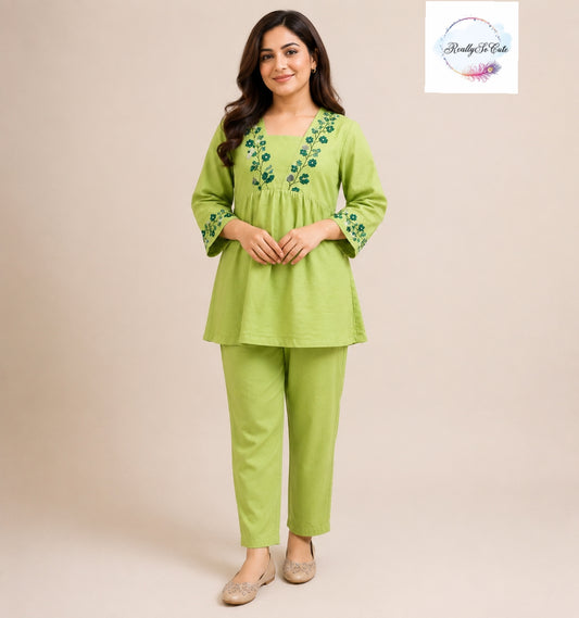Lime Green Embroidered Cotton Mom Co-Ord Set with Pockets | Matching Mom & Daughter Outfit