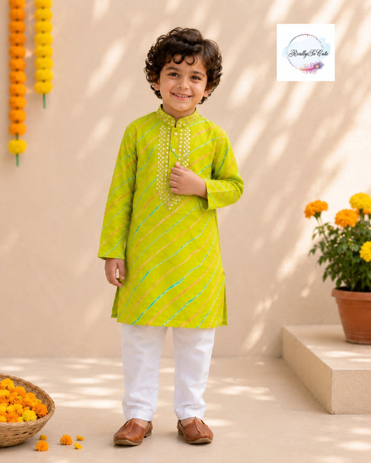 Lime Green Pure Cotton Mirror Work Kurta Pajama Set for Boys