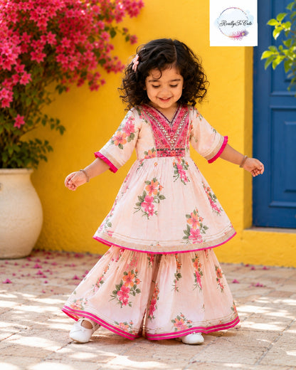 Blush Pink Floral Cotton Sharara Set for Girls | Embroidered Ethnic Wear with Tassel Tie | Sizes 3M–10 Years