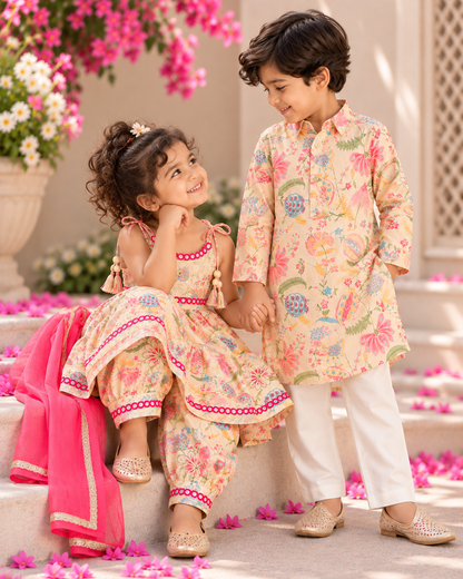 Boys Pure Cotton Floral Kurta Pajama | Sibling Matching Set