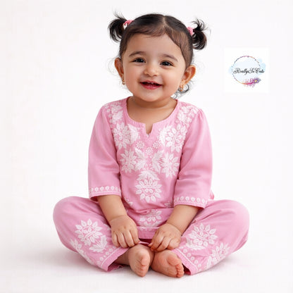 Pink Little Girls Chikankari Kurtis pant Set, Girls chanderi Chikankari Dress