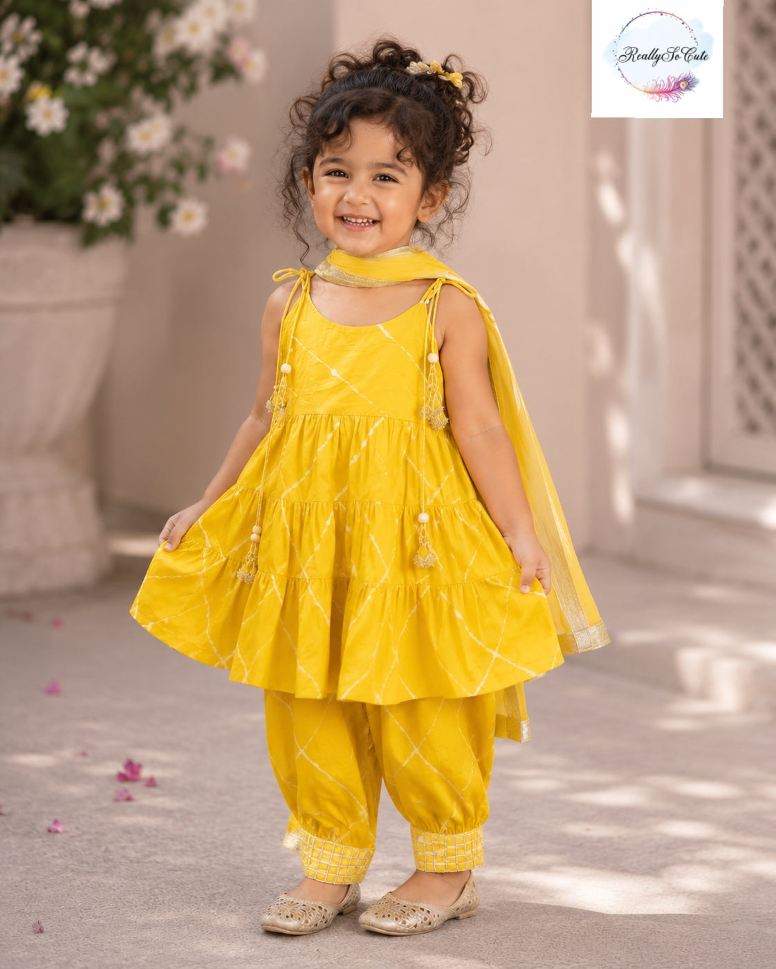 Sunshine Yellow Pure Cotton Girls Afghani Salwar Set with Dupatta
