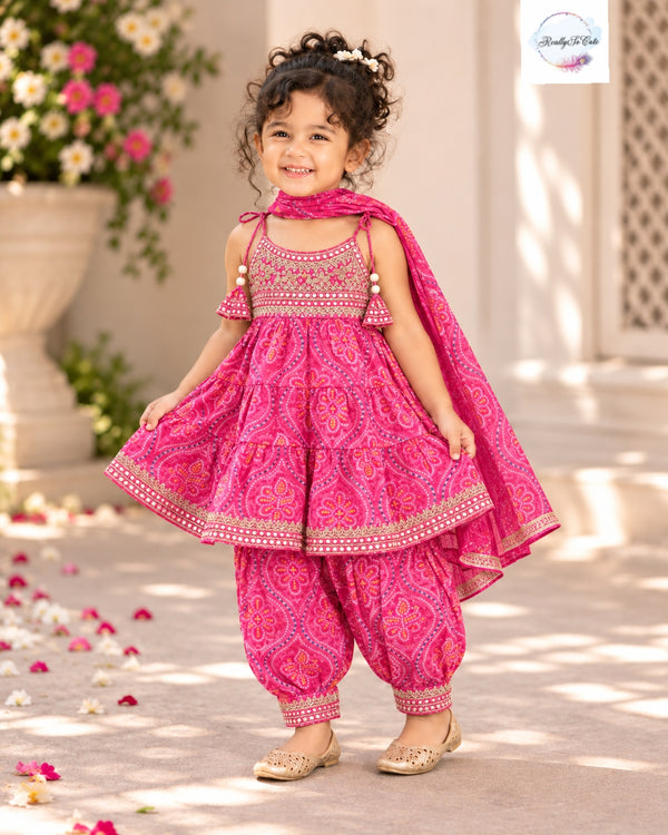 Pink Bandhani Muslin Cotton Afghan Salwar Set, sibling combo