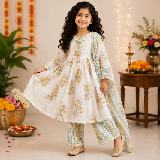 Ivory & Golden Yellow Floral Pure Cotton Anarkali Set for Girls