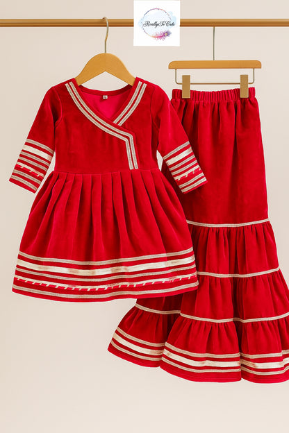 Red velvet kurti sharara dupatta set. Red kurti sharara set, Pre-Order Set - Ships in 3 Weeks