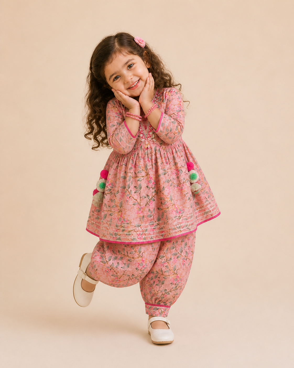 Girls Cotton Salwar Kurti Suit for Kids |Pink Floral kurti with salwar