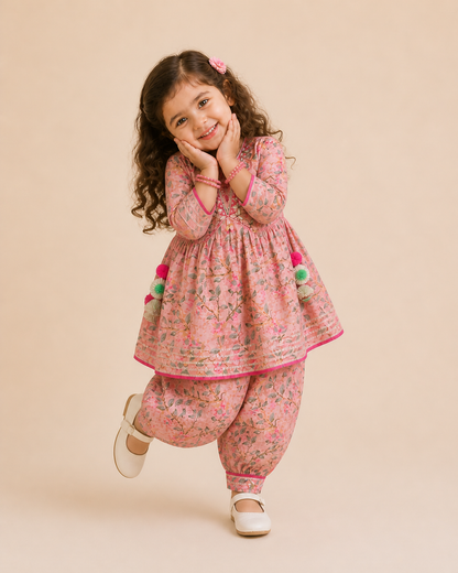Girls Cotton Salwar Kurti Suit for Kids |Pink Floral kurti with salwar