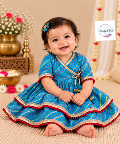 Baby blue Leheriya Print Pure Cotton Angrakha lehagna Set | 0–2Y