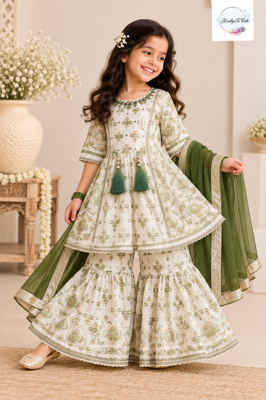 Girls Ivory & Olive Green Pure Cotton Sharara Set with Dupatta | Kids Ethnic Wear