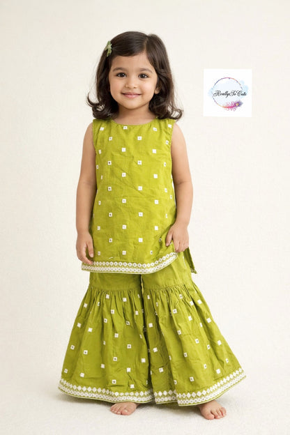 Girls Soft Cotton Mirror Work Kurta Sharara Set with Dupatta | Sleeveless Ethnic Outfit (3M–15Y)