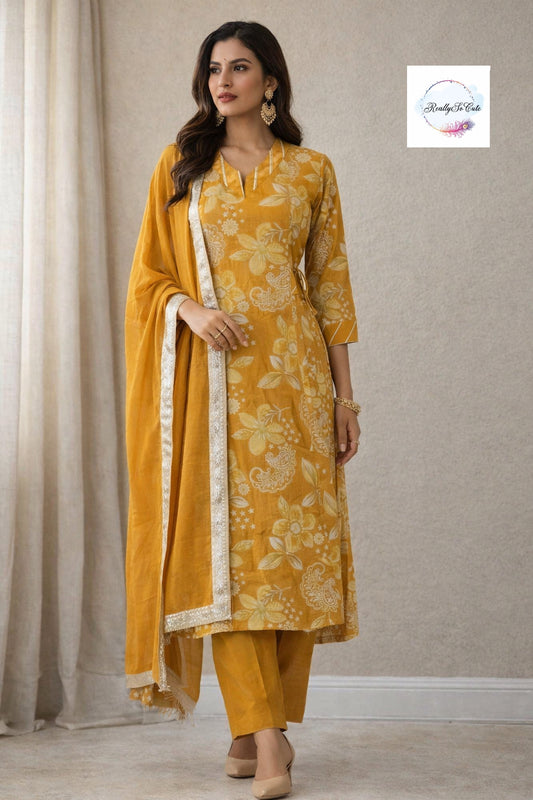 Mustard Floral Muslin Kurta Set for Women with Pockets | Mom & Me Matching Available | S–XXL