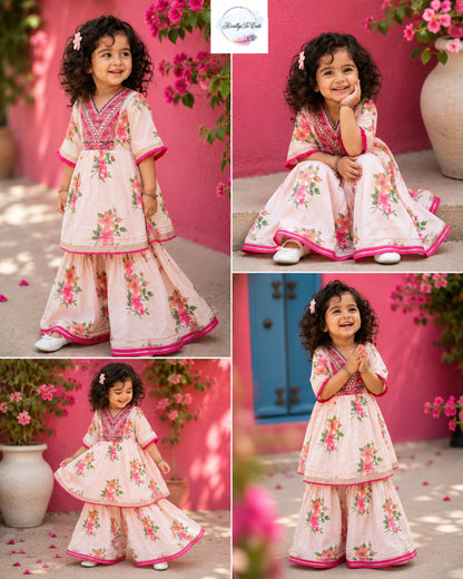 Blush Pink Floral Cotton Sharara Set for Girls | Embroidered Ethnic Wear with Tassel Tie | Sizes 3M–10 Years