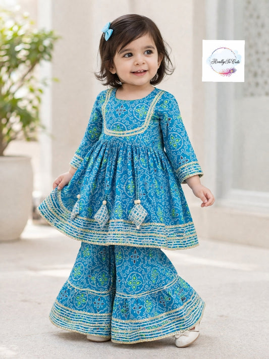 Blue Bandhani Cotton Sharara Set for Girls (3M–14Y) | Soft Ethnic Kidswear