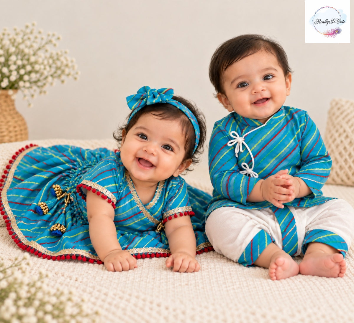 Baby blue Leheriya Print Pure Cotton Angrakha lehagna Set | 0–2Y