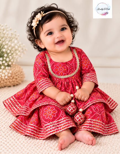 Baby Girls Multicolor Red Bandhani Ethnic Wear Sets | 0–6 Months