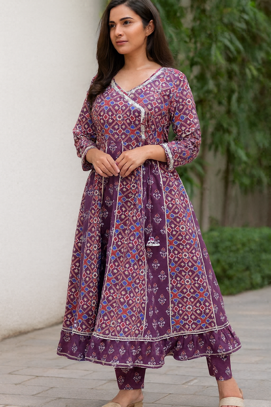 Purpke anarkali kurti pant set, patola women set