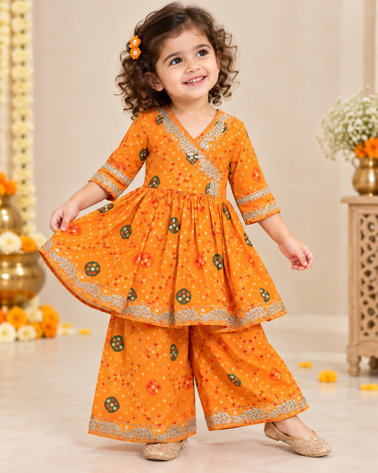Girls Orange Bandhani Print Angrakha Kurti & Palazzo Set | Festive Ethnic Wear
