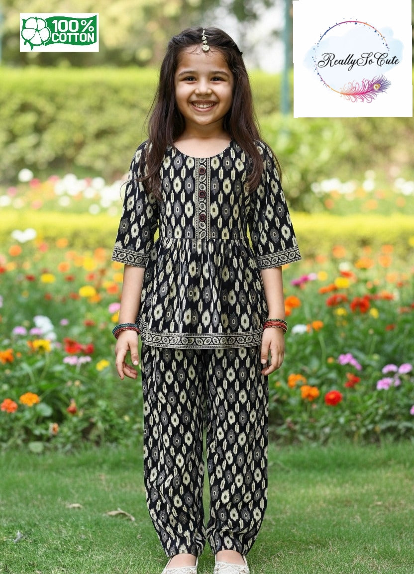 Black Ikkat Print Pure Cotton Co-Ord Set for Girls | Kurti & Relaxed Pants | Sizes 18M–8 Years |