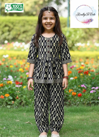 Black Ikkat Print Pure Cotton Co-Ord Set for Girls | Kurti & Relaxed Pants | Sizes 18M–8 Years |
