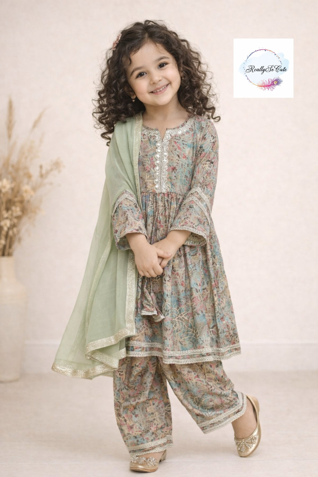 Sage green Muslin Kurta Set for Girls with Pockets | Soft Floral Ethnic Wear (3M–14Y)