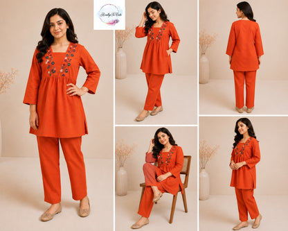 Rust Orange Embroidered Cotton Mom Co-Ord Set with Pockets | Matching Mom & Daughter Outfit