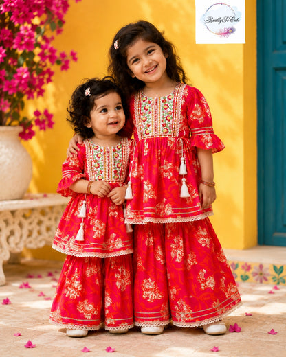 Dark pink Floral Cotton Sharara Set for Girls | Embroidered Ethnic Wear with Tassel Tie | Sizes 3M–10 Years |