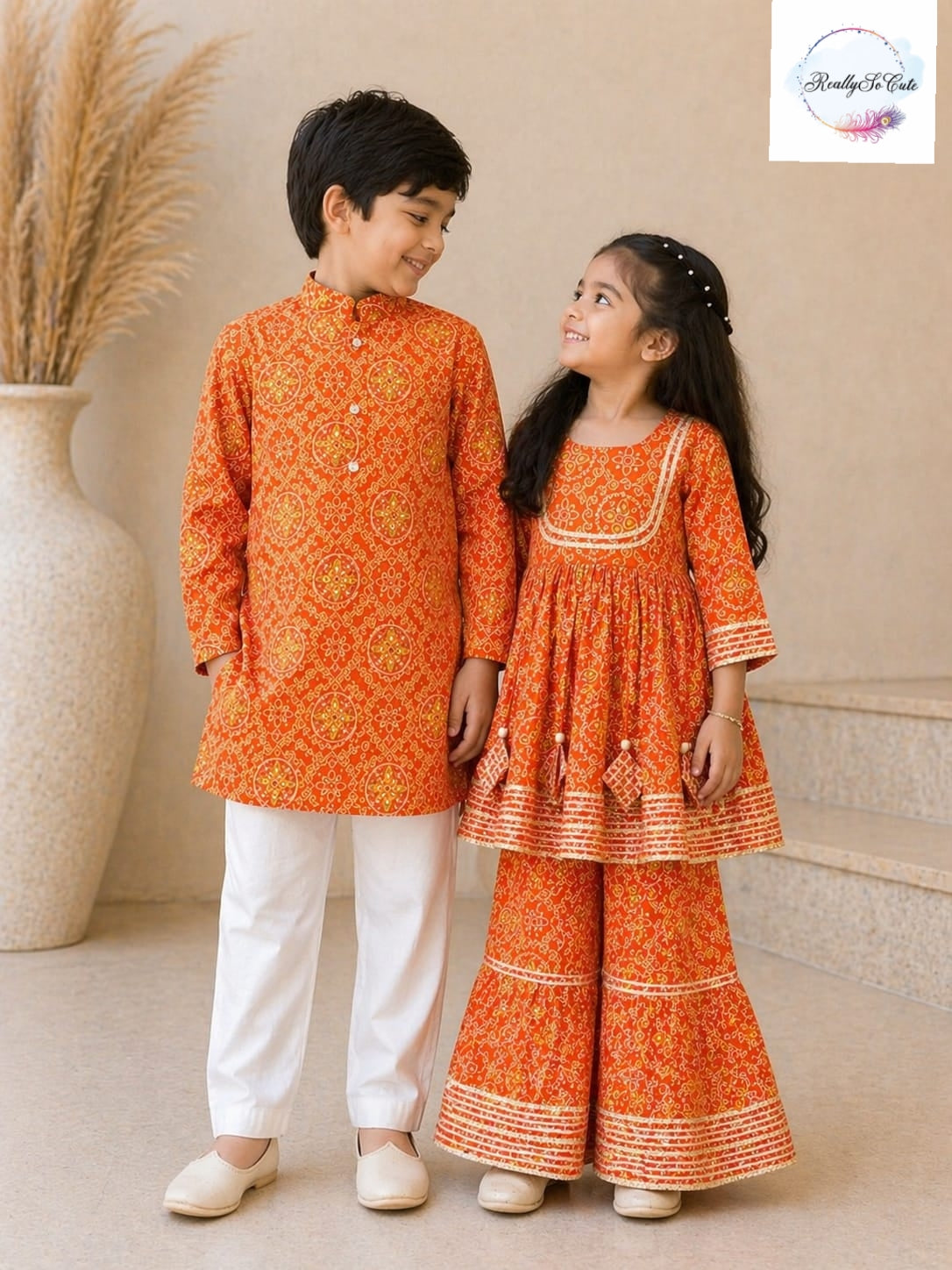Orange Bandhani Print Boys Kurta Pajama Set in Soft Cotton, Kids Bandhani Outfit USA