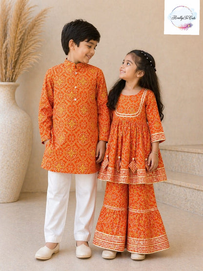 Orange Bandhani Print Boys Kurta Pajama Set in Soft Cotton, Kids Bandhani Outfit USA