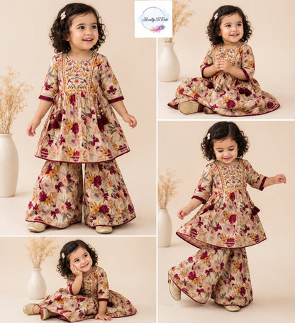 Beige Floral Cotton Sharara Set for Girls | Embroidered Ethnic Wear with Tassel Tie | Sizes 18M–10 Years