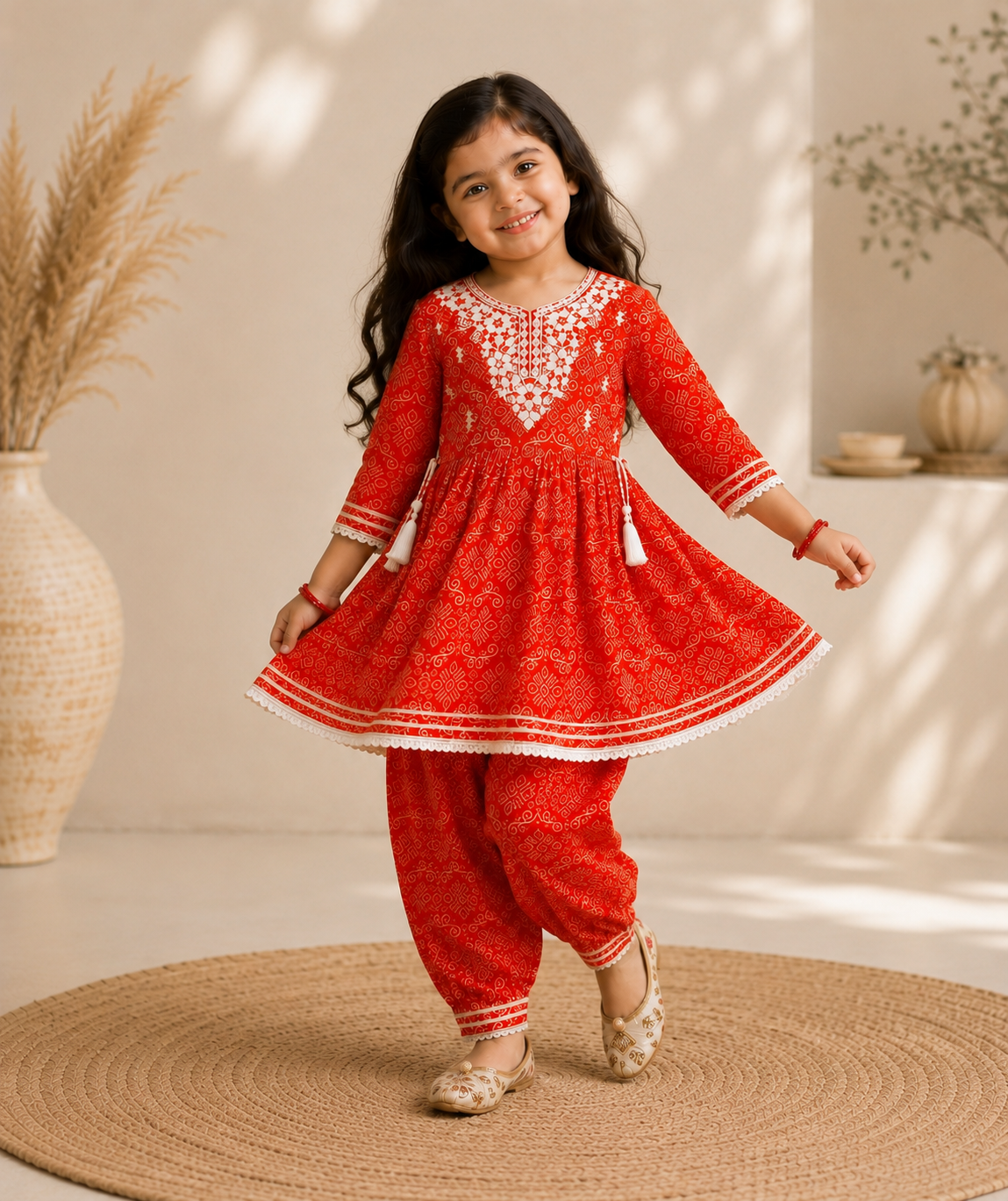 Rust Pure Cotton Mirror Work Kurta Pant Set for Girls