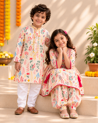 Girls Pure Cotton Floral Ethnic Set | Matching Sibling Combo
